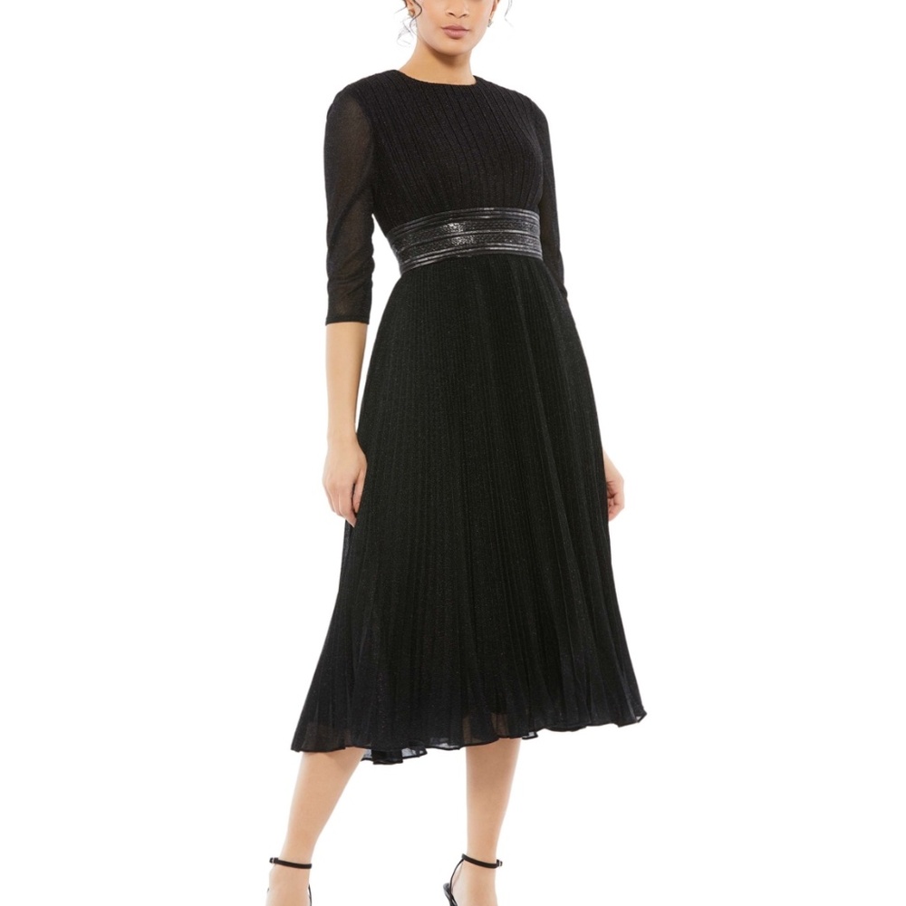 NWT Mac Duggal 30750 Size 6 Black Shimmering 3/4 Sleeve A-line Midi Dress